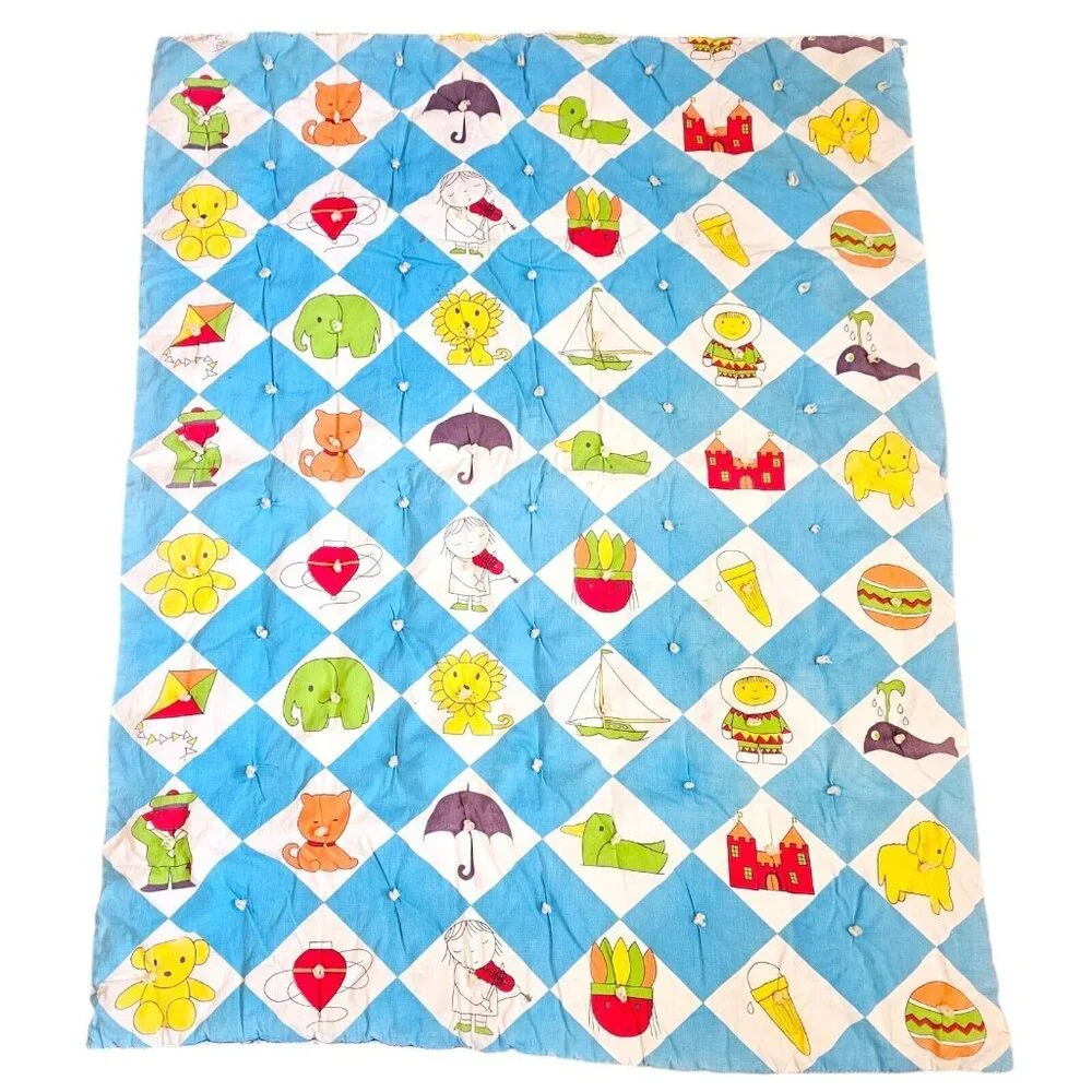 Vintage 60s 70s Kitschy Baby Quilt Blanket Reversible Alphabet Animals Checkered